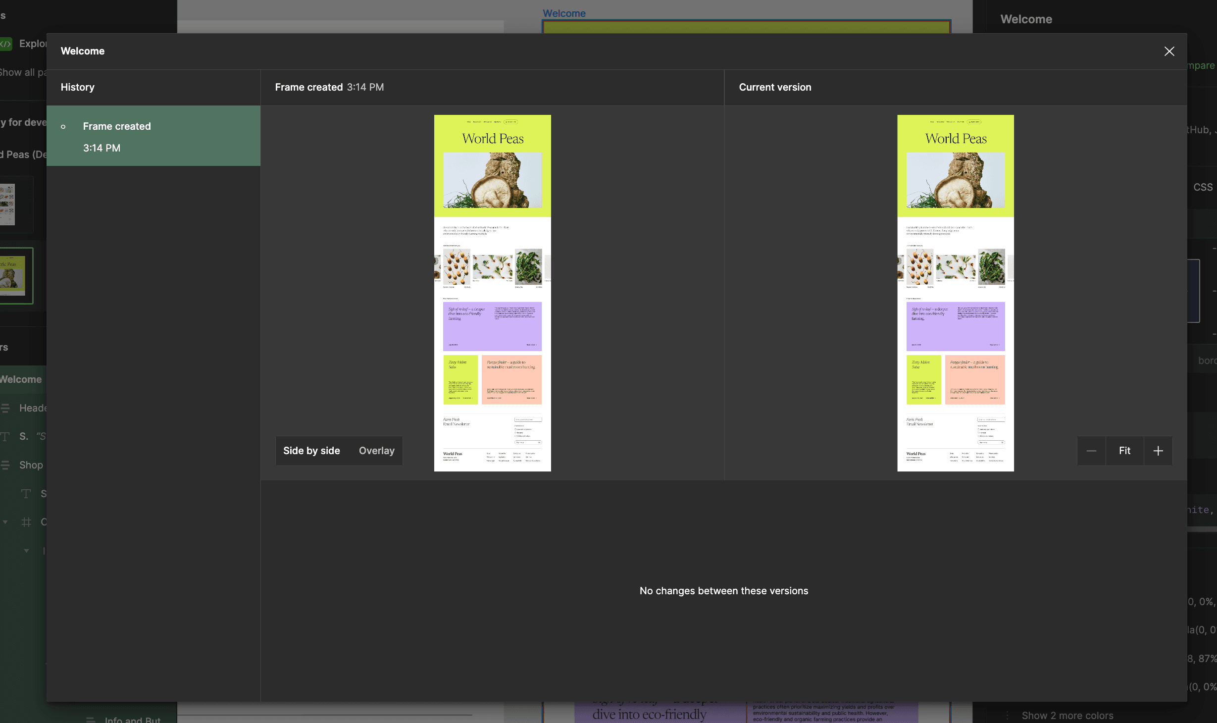 Interface for spotting changes either as an overlay or side by side comparison