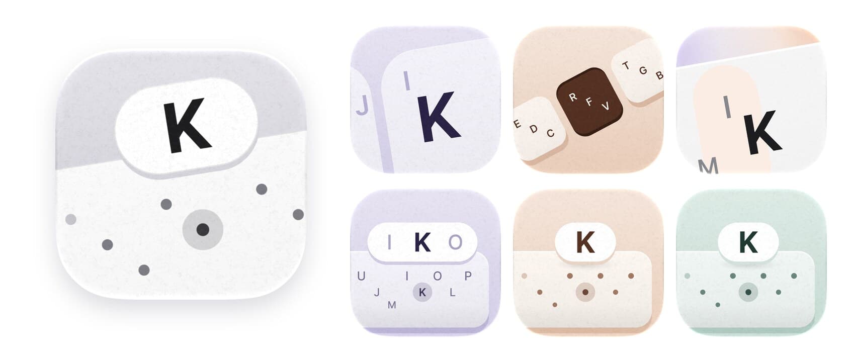 The final Klavette icon, large, beside six earlier explorations: a column key, a row close-up, porcelain, the loupe, apricot and celadon