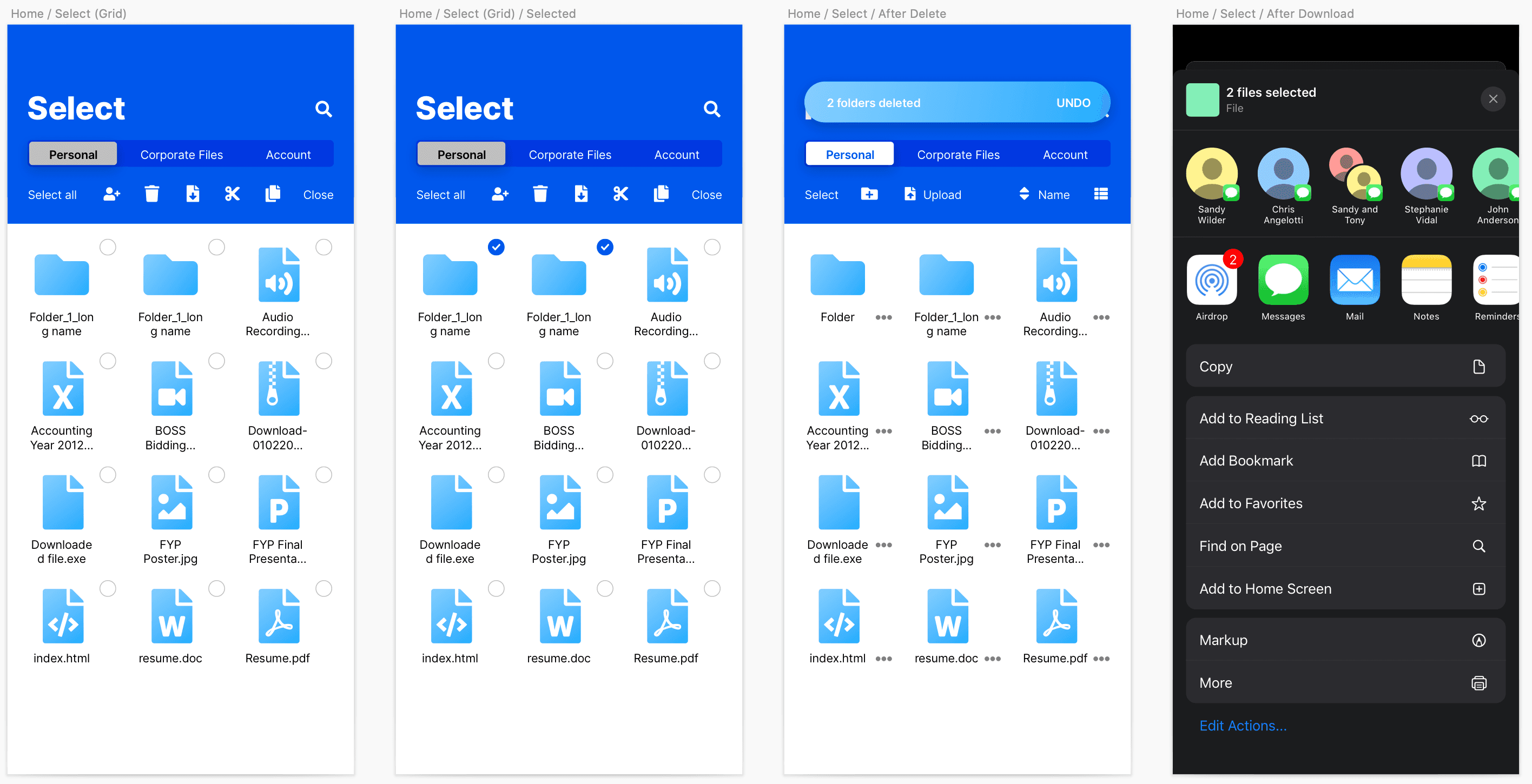 After clicking on 'Select' from Home, the delete Toast with undo and how it'll look when user choose 'Download'